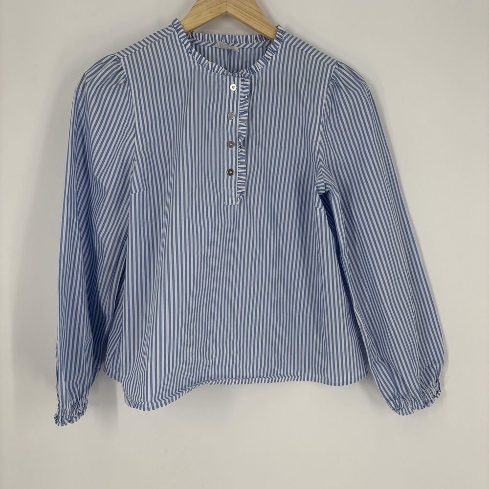 Crewcuts Blouse Girls 12-14 Blue Stripe Long Sleeve Henley Ruffle Neck Top